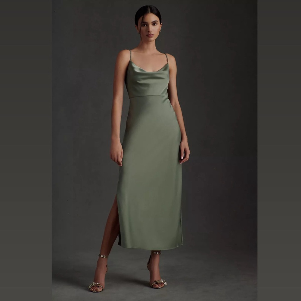 NWT BHLDN August Satin Charmeuse Midi Dress in Moss